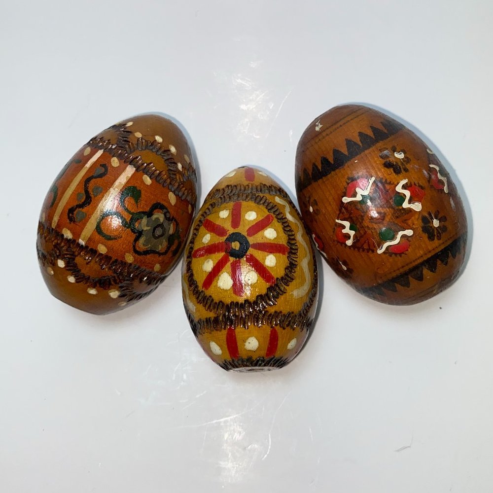 3 Vintage Ukrainian Wooden Eggs Carved and Hand Painted